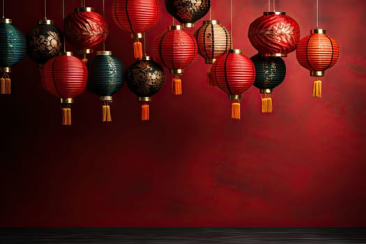 chinese lanterns hanging from the ceiling in front of a red wall and wooden floor with copy space for your text