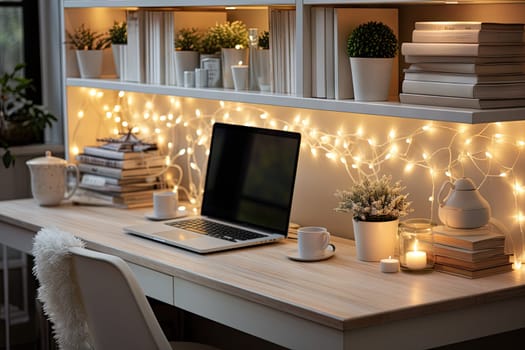 a laptop on a desk with fairy lights strung across the wall behind it and a plant in a white vase