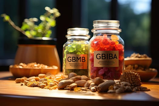 CBG Gummies. two jars filled with different types of gums on a wooden table in front of a pot full of other gums