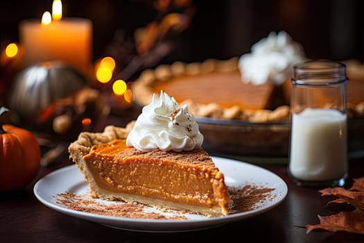 a slice of pumpkin pie on a plate next to a glass of milk and some candles in the back ground