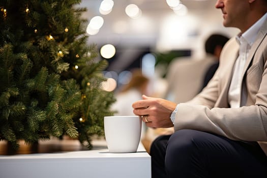 a man sitting next to a christmas tree holding a coffee cup and looking at his watch while he sits in front of him