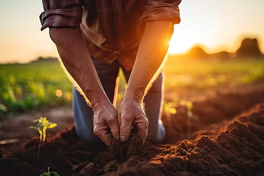 someone planting in the ground with their hands and feet, while the sun is setting on the ground behind them
