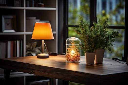 a plant in a glass jar on a wooden table next to a lamp and bookcase with books behind it