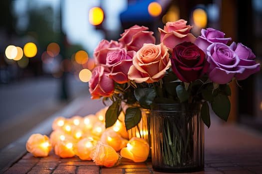 flowers in a vase on a table with candles and lights all around the place where there is no one flower