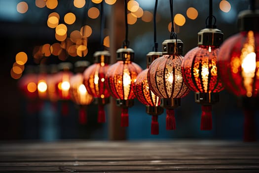 some lights that are hanging on a wooden table in front of a blurry background with bodings around them