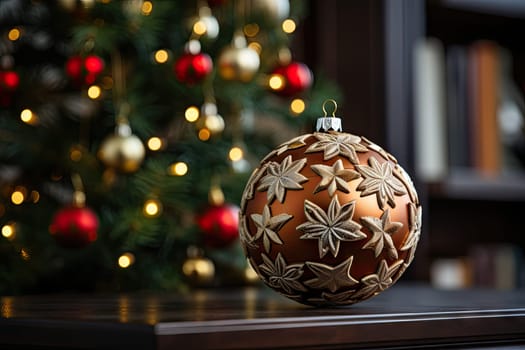 a christmas orname on a table in front of a bookcase and a christmas tree with lights behind it