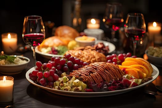 a thanksgiving dinner with turkey, grapes, apples, and oranges on a table in front of wine glasses