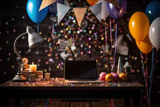 an office desk with balloons, cons and a laptop in the fore - image is taken from above it