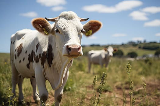 two cows in a field, one is looking at the camera and the other is standing on the grass behind them