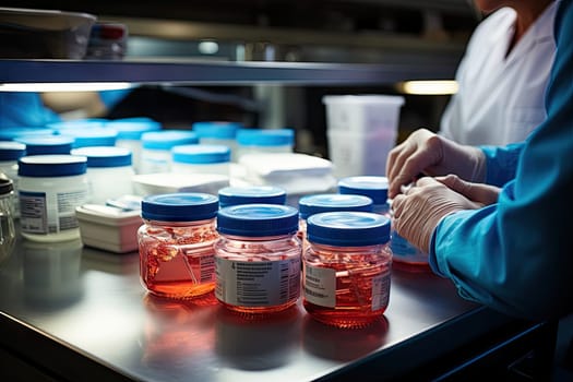 some jars and containers on a table with one person in the background looking at something off to the right side