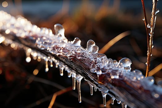ice on a branch with water droplets hanging from it's end and some grass in the background is blurry