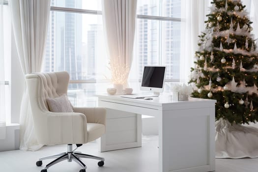 a christmas tree in the corner of a room with a white chair and a laptop on it's desk