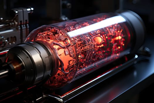 a machine with red light coming from it's head and gears in the center, on a black background