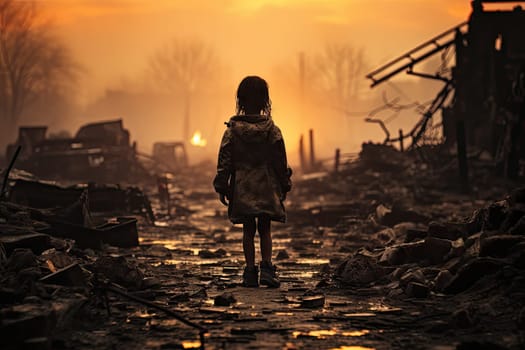 a person standing in the middle of a devastated area with buildings and debris all around her, as the sun sets behind them