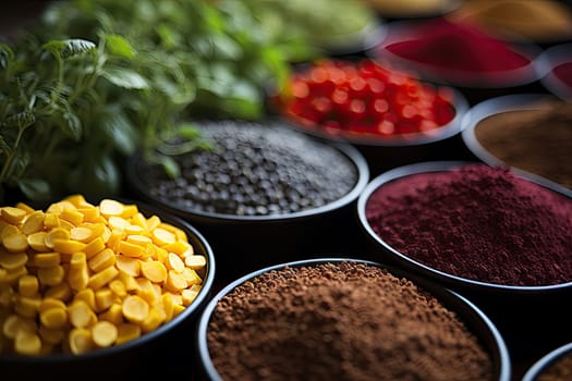 different colored spices in bowls on a table with vegetables and herbs around them to be used for cooking or as an ingredient