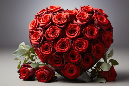 a bunch of red roses in the shape of a heart on a gray background with copy - space stock photo