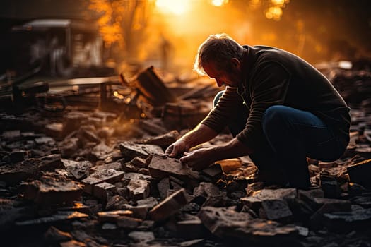 a man in the middle of a pile of rubble with his hands on the ground, looking down at something