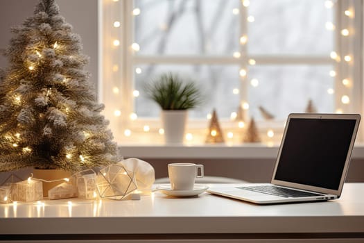 a laptop on a desk with christmas lights in the window behind it and a cup of coffee next to the tree