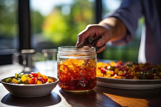 CBG Gummies. a person preparing food in a jar on a table with plates and bowls full of salads next to them