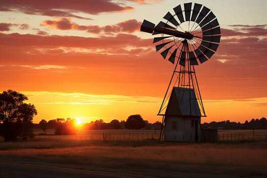 the sun setting behind a windmill in an open field with tall grass and trees on either side of the road