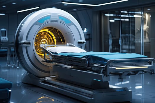 a hospital room with a bed in the middle and an mri machine on the other side that has been used