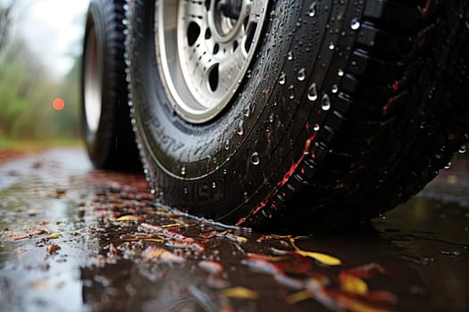 a car's tire with water droplets on the ground and trees in the background as well, it is raining