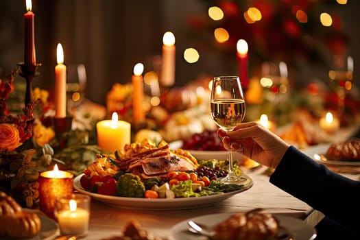 someone holding a wine glass over a plate of food with candles on the table in the photo is blurry