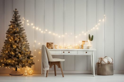 a christmas tree with lights on it and a small white table in front of the wall, next to a chair