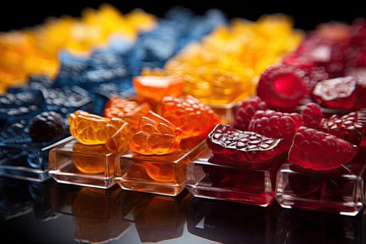 CBG Gummies. many different colored candis on a black surface with reflections in the colors are orange, red, yellow, and blue