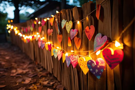 some paper hearts hanging on a wooden fence with string lights in the shape of heart's for valentine's day