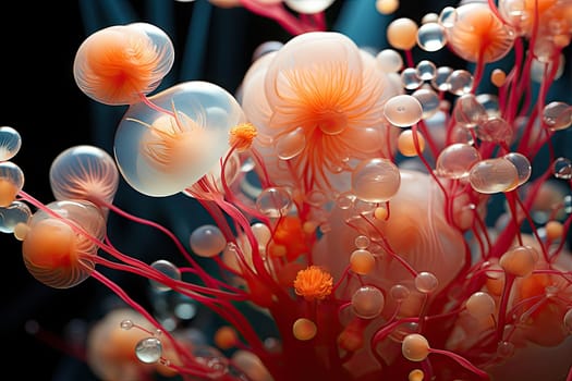 an orange and white flower with red stems in the center, surrounded by water droplets on it's petals