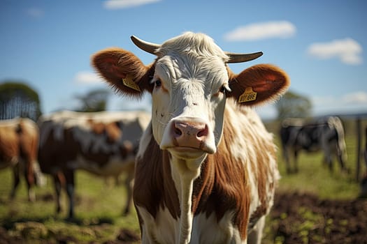 a brown and white cow looking at the camera while it stands in front of other cows on a grassy field