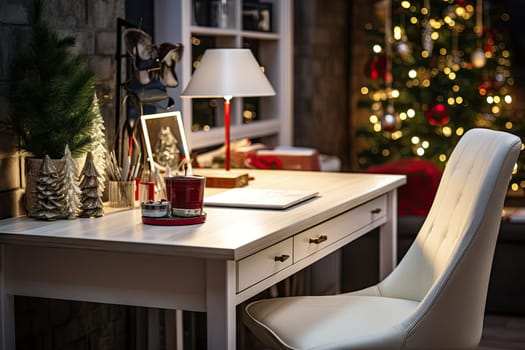 a christmas tree in the corner of a room with a desk, chair and lamp on it's side