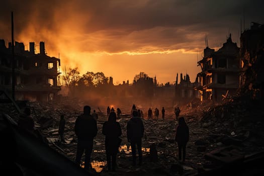 people standing in the middle of an old city at sunset time, with smoke rising from buildings and debris scattered on the ground