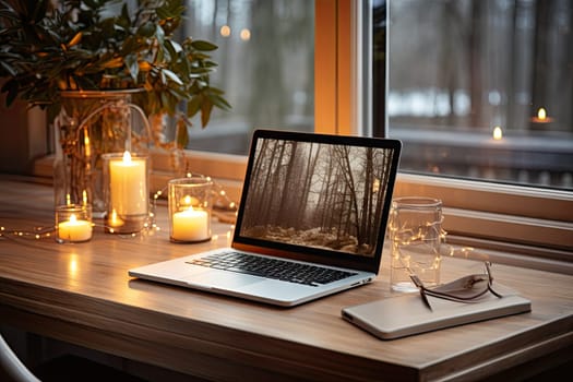 a forest is displayed on the screen of a laptop computer sitting on a wooden table next to a lit candle