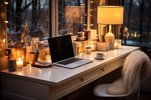 a desk with a laptop on it and some candles in front of the window, along with a white chair