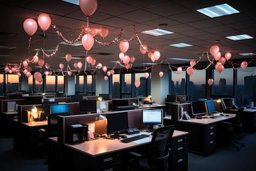 an office with balloons hanging from the ceiling and computer desks on either sides, all in black and white