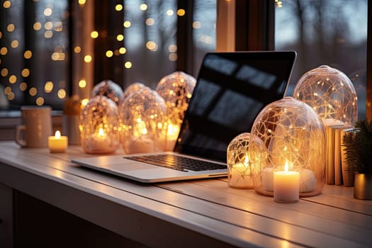 some lights on a table next to a laptop computer and candle holders in front of a window with trees outside