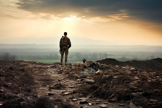 a man standing on top of a hill with a dog in front of him and the sun is setting behind him