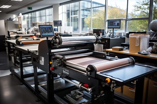 a printing machine in a large room with lots of windows looking out to the street below it is an image of trees and buildings