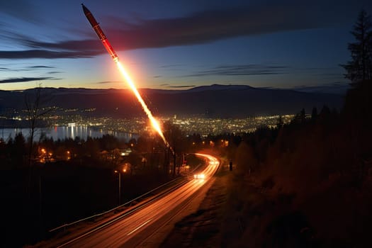 a long - range missile launching in the sky over a city at night, with mountains and trees behind it