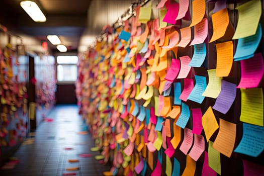 colorful sticky notes on a wall in an office building, with the post - it notes attached to the walls