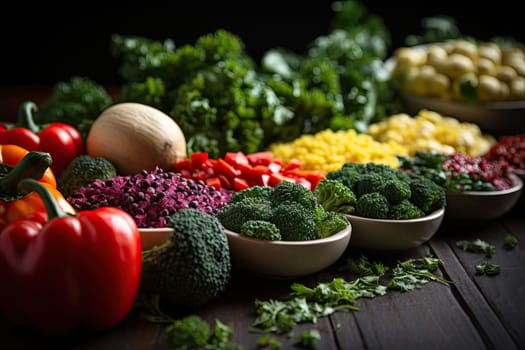 fresh vegetables on a table with other fruits and vegetables in bowls around them, including broiled tomatoes, carrots, kale