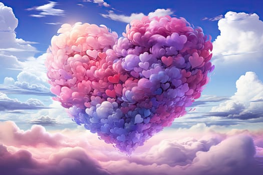 a heart - shaped balloon floating in the air with clouds and blue sky behind it, as if there is no one