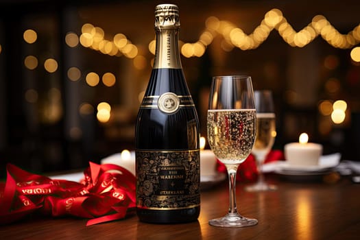 a bottle of champagne next to a wine glass on a table with christmas lights in the background and red ribbon