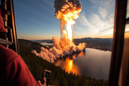 a large explosion in the sky over a body of water with trees on both sides and mountains to the right