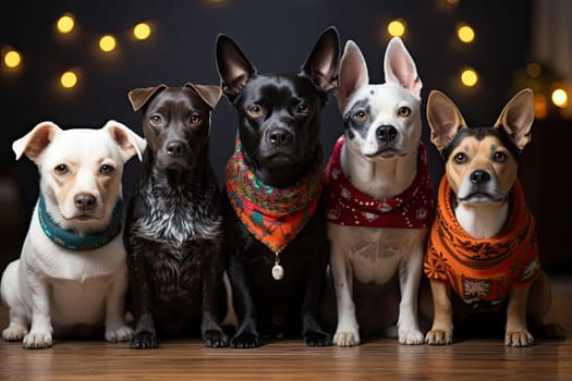 three dogs wearing bandas and sitting on a wooden floor in front of a christmas tree with lights behind them