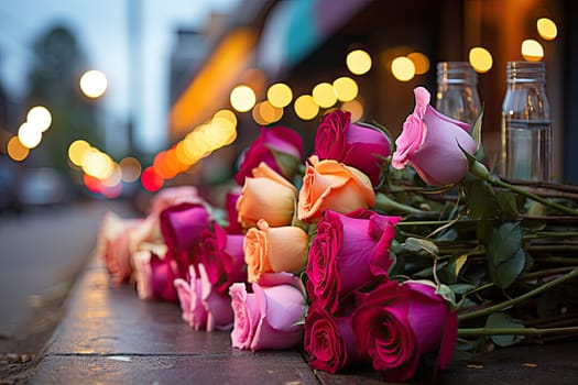 some pink and orange roses on the side of a road with blurred lights in the back ground behind them,