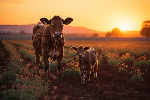 a mother cow and her calf in a field at sunset with the sun shining through the clouds over the hills