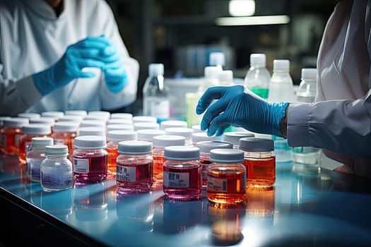 two people in white lab coats, one person is wearing blue gloves and the other is holding several vials